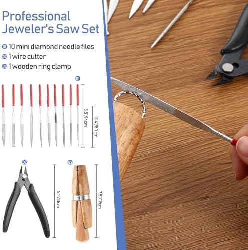 Jewelers Tools Set Including Jeweler Saw Frame Bench Pin Clamp Diamond Needle File Wooden Ring Clamp and Ring Sizer Mandrel Measuring Tool Jeweler's Mallet Hammer Stick for Jewelry Making