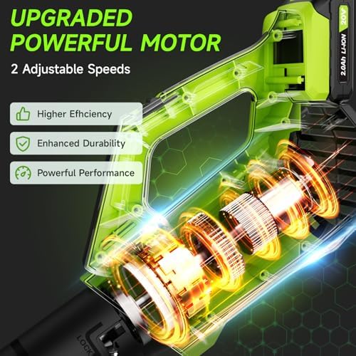 Leaf Blower Cordless, Leaf Blower with Battery and Charger - 2 Speed Modes, 2 Batteries, 20V Powerful Lightweight Electric Blowers for Blowing Leaves, Dust, Lawn Care, Patio Cleaning, Green