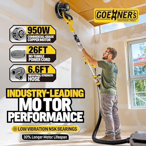 Drywall Sander, 950W 8.5A Electric Drywall Sander with Vacuum Dust Collector, 9 Variable Speed 800-2100RPM, 26FT Power Cord, Wall Sander for Popcorn Ceiling, Pole Sander for Drywall