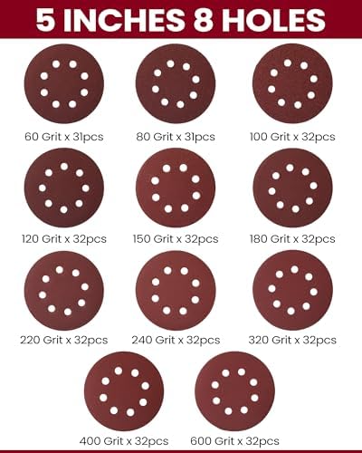 Queekay 350 Pieces 5 Inch 8 Holes Sanding Discs Round Hook and Loop Sandpaper for Random Orbital Sander 60 80 100 120 150 180 220 240 320 400 600 Grit(60 80 100 120 150 180 220 240 320 400 600 Grit)