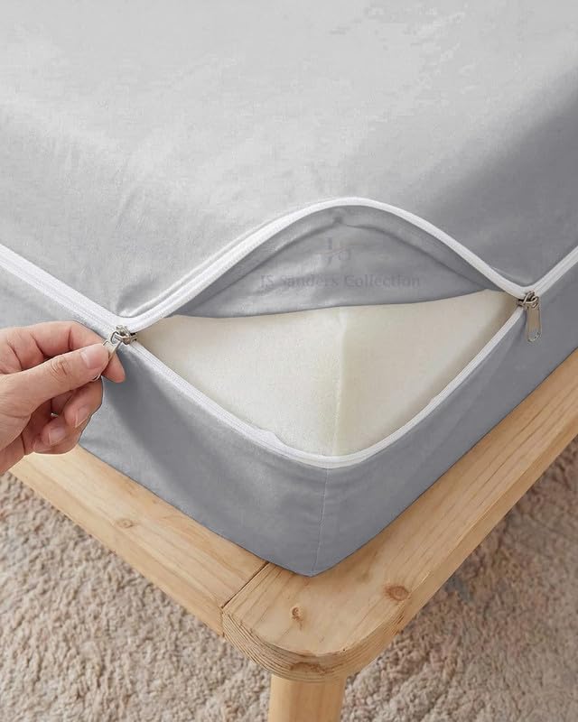 JS Sanders Zippered Mattress Protector Full Size – Soft 100% Egyptian Cotton, 600 Thread Count Deep Pocket Fitted Sheet Encasement Cover for Bed Breathable, 12-16 Inch Fit, Silver Grey 54x75