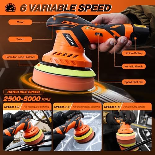 Saker Cordless Buffer Polisher, 6 Inch Fast Charging Portable Car Polishing Kit with 2PCS 12V 2000mAh Batteries, Polisher for Car Detailing Polishing Waxing (Orange, Buffer Polisher+2 Batteries+1 Bag)