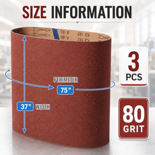 3 Pack 37" x 75" Wide Sanding Belts, 80 Grit Aluminum Oxide Sander Belts