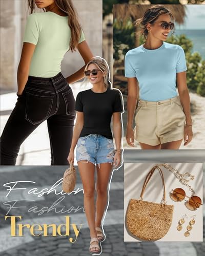 Ficerd 3 Pack Women's Ribbed Short Sleeve T-Shirts