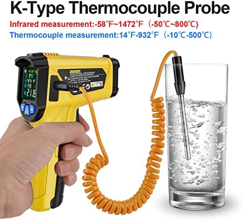 Infrared Thermometer Temperature Gun, -58°F to 1472°F, Digital Laser Thermometer Gun with Probe for Cooking, Pizza Oven, Grill & Engine, IR Thermometer Temp Gun with Adjustable Emissivity & Humidity