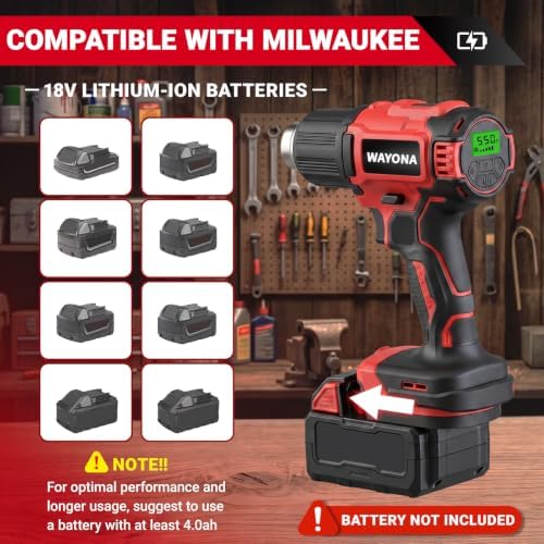Wayona Cordless Heat Gun Compatible with Milwaukee M18 Battery (No Battery), 350W High Power Hot Air Gun with LCD Digital Display Variable Temperature Control 50℃~550℃ (122℉~1022℉) for Shrink Tubing