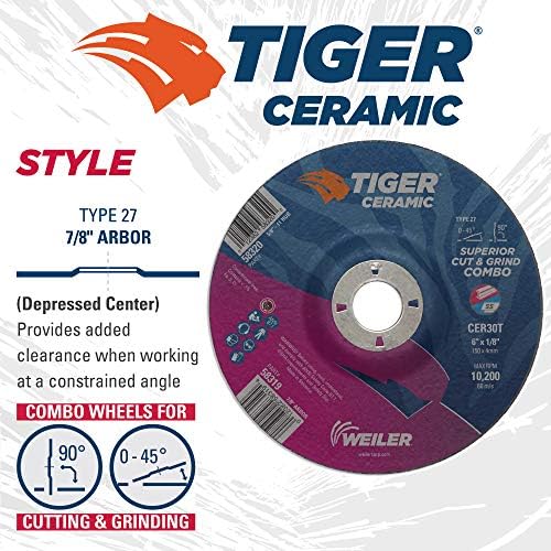 Weiler 58319 6 x 1/8 Tiger Ceramic Type 27 Cut Off/Grind Combo Wheel CER30T 7/8 A.H. (Pack of 25)