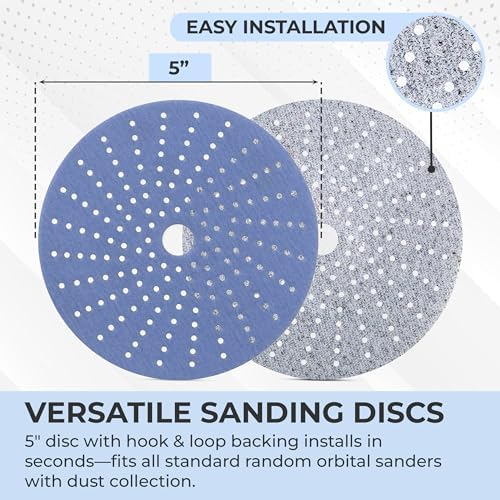 Sunmight Gold 5 Inch 500G Multi-Hole Sanding Discs Hook and Loop – Premium Sandpaper Pads for Orbital Sander, Wood, Metal, Auto Body, Paint, Plastic, Dry or Wet Use, Woodworking & Polishing – 50 Discs