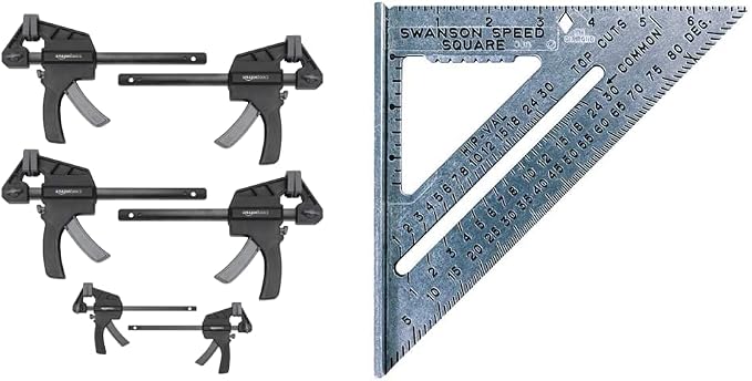 Amazon Basics 6-Piece Trigger Clamp Set - 2 Clamps 4-Inch, 4 Clamps 6-Inch & SWANSON Tool Co S0101 7 Inch Speed Square, Blue