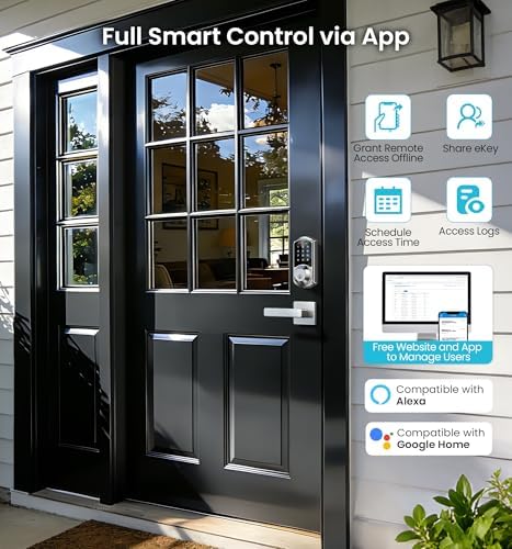 Veise VE07-L Fingerprint Smart Lock with 2 Lever Handles Set, Satin Nickel | 8-in-1 Keyless Entry for Front Door, App & Fob Control, Remote Access Sharing, Electronic Touchscreen Deadbolt, Auto Lock