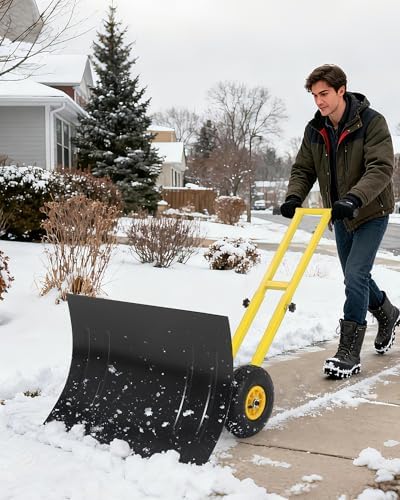 GarveeTech 29x19.8 in Rolling Snow Shovel on Wheels, Metal Snow Pusher