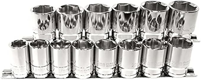 K Tool International 28100 Shallow Metric Socket Set with 1/2" Drive for Garages, Repair Shops and DIY, 6 Point, Heat-Treated, Chrome Vanadium Steel, 15mm to 28mm, Socket Rail, 14 Piece