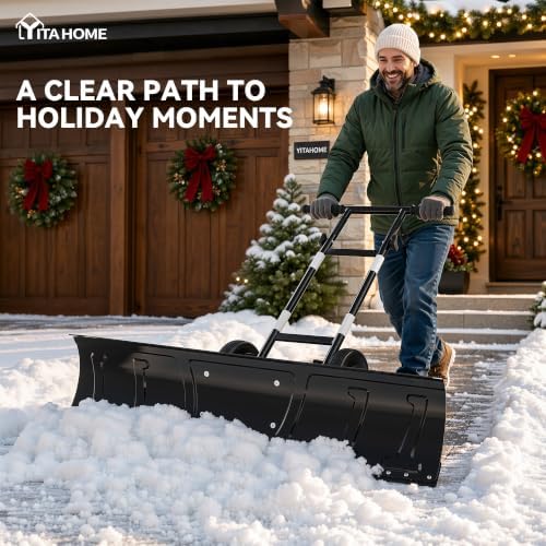 YITAHOME 48" Snow Pusher with Wheels, Snow Shovel for Driveway, Solid Tires