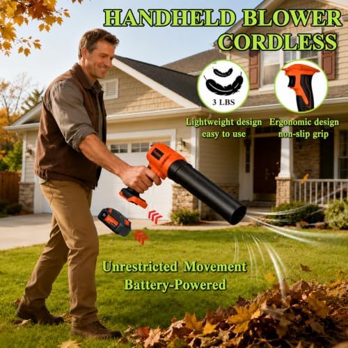Cordless Leaf Blower, 800,000 RPM Electric Handheld Blower, Leaf Blower Cordless with 2×4.0Ah Batteries & Charger,Snow Blowers with 2-Nozzles for Patio,Lawn Care,Dust,Snow & Car Drying, Orange
