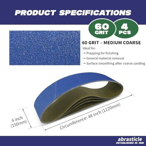 4 Pack 6 x 48 Inch Zirconia Sanding Belts, 60 Grit Heavy Duty Belt Sander Paper, Fits Belt Sander & Bench Sander for Woodworking, Metal Grinding and Surface Refinishing