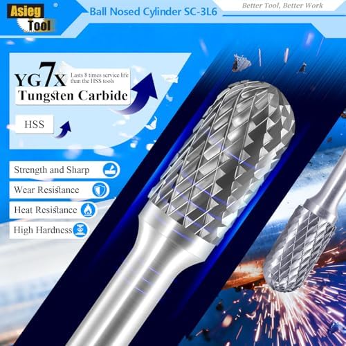 SC-3L6 Tungsten Carbide Burr Rotary File Cylindrical Ball Nose End Shape Double Cut for Die Grinder Drill Bits 1/4'' Inch Diameter of Shank and 3/8'' Inch Diameter of Cutter 3/4'' Inch Cutter Length