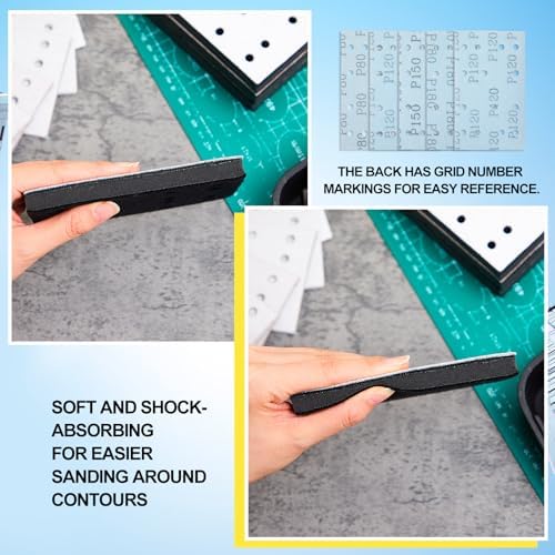 100 Pack 80 x 133 mm Rectangular Abrasive Sanding Sheet Bulk Set P80 120 150 180 220 Grit with 4 Soft Black Foam Sanding Pad Sandpaper for Sheet Sanders Compatible with Festool Rs400 Ls130