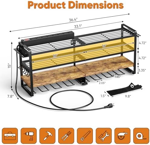 POKIPO Power Tool Organizer Wall Mount with Charging Station, 4 Tier Tool Battery Storage Rack Built in 8 Outlet Power Strip for Garage, 33" W, Black Wood