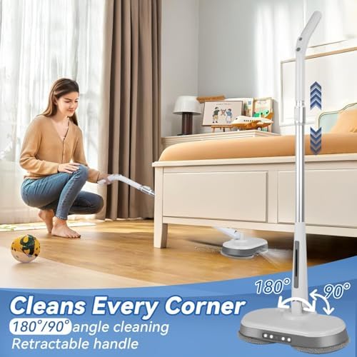 Cordless Electric Mop, Electric Spin Mop with LED Headlight and Water Spray,60 Mins Spin Power Scrubber Mops for Floor Cleaning,2000mAh Battery,350ml Water Tank,Standing Storage,Light Weight