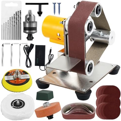 Mini Belt Sander Multifunctional Electric Belt Grinder 7 Adjustable Speed Electric Polishing Sharpener Machine 120-1000 Grit Small Electric Sander with Sanding Belt Polishing Pad
