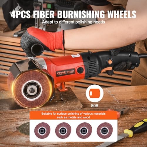VEVOR Burnishing Polishing Machine, 1200W 6 Variable Speed Surface Conditioning Tool, Handheld Electric Metal Burnishing Machine with 4 Fiber Polishing Wheels for Stainless Steel, Non-Ferrous Metals