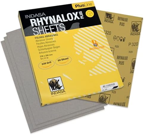 Indasa 50 PCS 9x11 Sandpaper Rhynalox Plusline - 220 Grit Dry Sanding Sheets, Professional-Grade Abrasive for Wood, Metal, Automotive, and Paint Finishing - Durable, Clog-Resistant Sand Paper