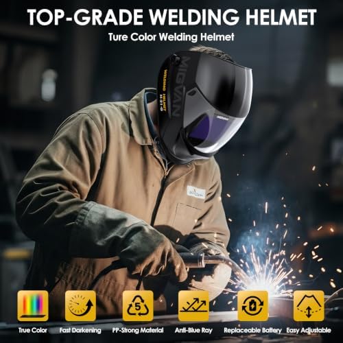Welding Helmet Auto Darkening True Color Large Viewing, Welding Hood Solar/Rechargeable Battery Powered, Wide Shade 4/5-13 with 4 Arc Sensor, Optical Clarity Welding Mask for TIG MIG ARC Grind