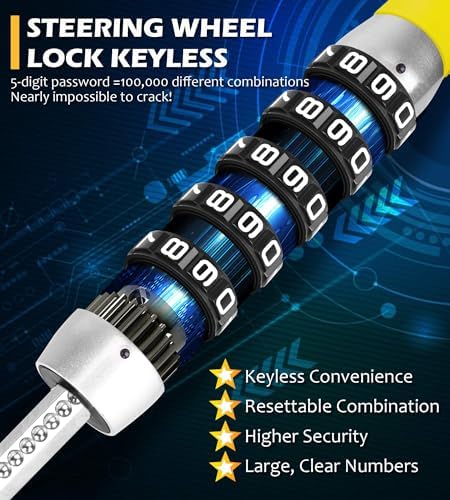 Tevlaphee Steering Wheel Lock, Car Lock Anti Theft Keyless Extendable Retractable Password 5 Coded Combination Lock, Heavy Duty Universal Fit (Yellow)