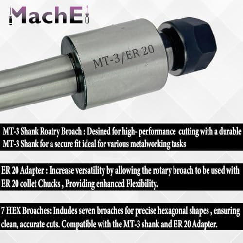 MachEl MT3 Shank Rotary Broach Kit with ER-20 Adapter & 7-Piece Hex Broach Set – Premium Precision Tools for CNC and Milling Operations