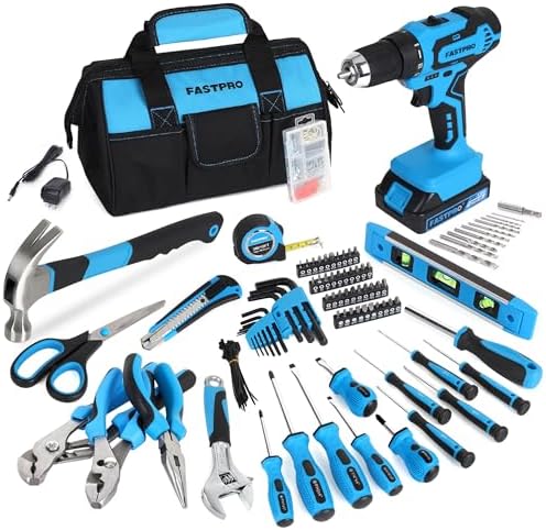 FASTPRO Home Tool Set with Drill, Household Repairing Tool Kit, Blue