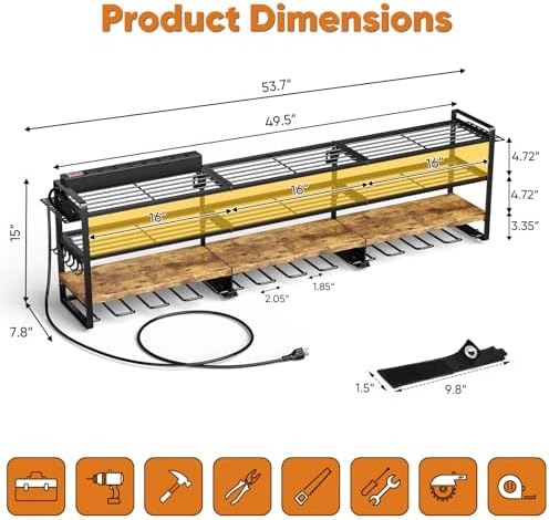 POKIPO Power Tool Organizer Wall Mount with Charging Station, 4 Tier Tool Battery Storage Rack Built in 8 Outlet Power Strip for Garage, 49" W, Black Wood