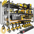 POKIPO Power Tool Organizer Wall Mount with Charging Station, 4 Tier Tool Battery Storage Rack Built in 8 Outlet Power Strip for Garage, 33" W, Black Wood
