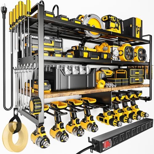 POKIPO Power Tool Organizer Wall Mount with Charging Station, 4 Tier Tool Battery Storage Rack Built in 8 Outlet Power Strip for Garage, 33" W, Black Wood