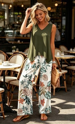 WIHOLL Two Piece Sets for Women Dressy Lounge Sets Summer Outfits Cruise Travel Beach Vacation Casual Wide Leg Pants Set
