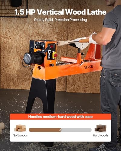 VEVOR Woodworking Lathe, 1.5 HP, Wood Lathe Machine with 150 to 3200 RPM Variable Speed, 16 x 40 in Workbench, Brushless DC Motor, Cast Iron Body, Tool Rest, for Medium to Large Projects Woodworking