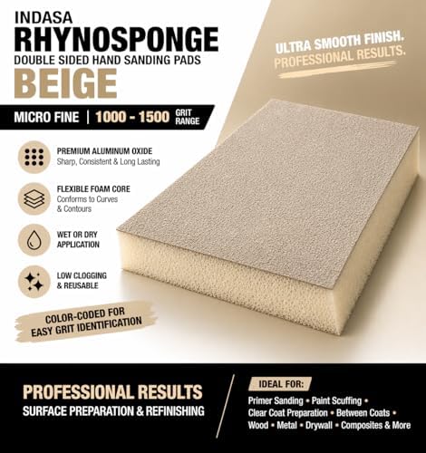 Indasa Rhyno Double Sided Sanding Sponge Pads – Aluminum Oxide, 4.75" x 3.75" x 1/2" – Flexible Foam Sanding Block (100 Pack) (Beige – Micro Fine (1000–1500 Grit))