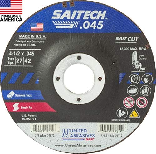 United Abrasives-SAIT 22072 Saitech™ High Performance Cut-Off Wheels (Type 27/Type 42 Depressed Center) 4 1/2" x .045" x 7/8", 4.5 Inch (Pack of 50)