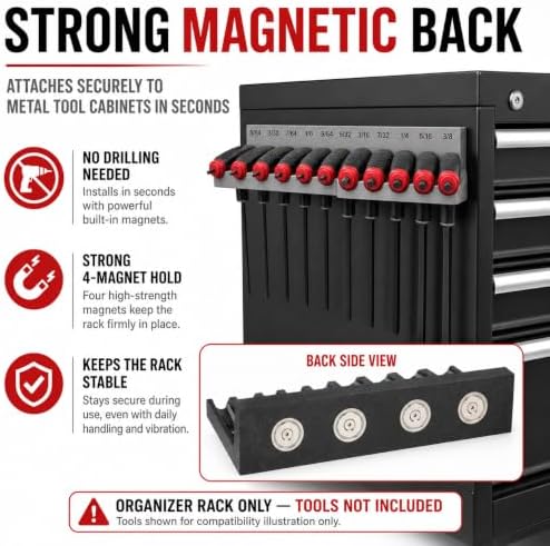 Magnetic T-Handle Hex Key Organizer Rack - Wrench Organizer for Garage, Tool Cart, or Workshop – Compatible with Toolboxes and Storage Systems - sae/metric/torx (SAE)