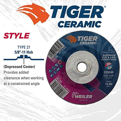 Weiler 58326 4-1/2 x 1/4 Tiger Ceramic Type 27 Grinding Wheel CER24R 5/8-11 Nut (Pack of 10)