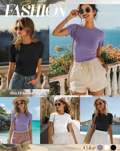 Ficerd 3 Pack Women's Ribbed Short Sleeve T-Shirts