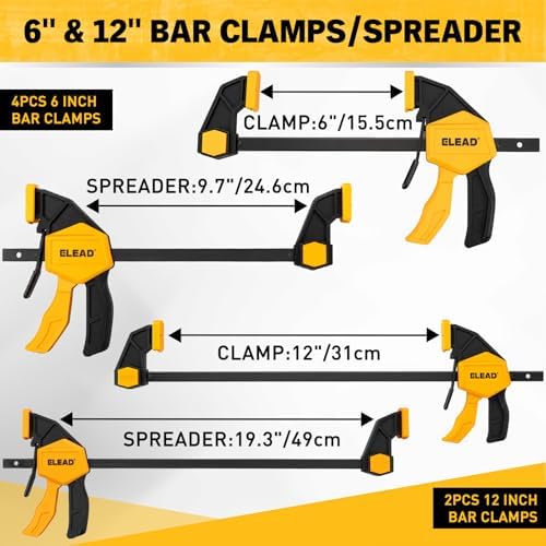 10-Piece Bar Clamps for Woodworking, 4PCS 6-inch & 2PCS 12-inch One-Handed F Clamp/Spreader with 132 LBS Load Limit, Spring Clamps, 90° Angle Clamp, Quick Release Grip