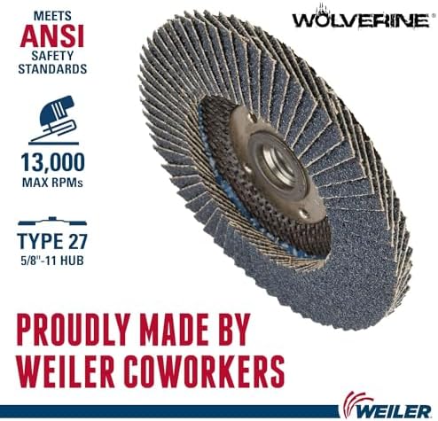 Weiler 31408 Wolverine 4-1/2" x 5/8"-11 UNC NUT Abrasive Flap Disc, 40 Grit Zirconia Alumina, Flat Type 27, Phenolic Backing, Standard Density (Pack of 10)