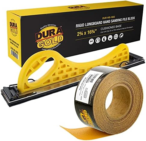 Dura-Gold Pro Series Longboard Hand Sanding File Sander Block - Hook & Loop Backing and PSA Backing Adapter Pad & 1000 Grit PSA Longboard Sandpaper 20 Yard Roll, 2-3/4" Wide