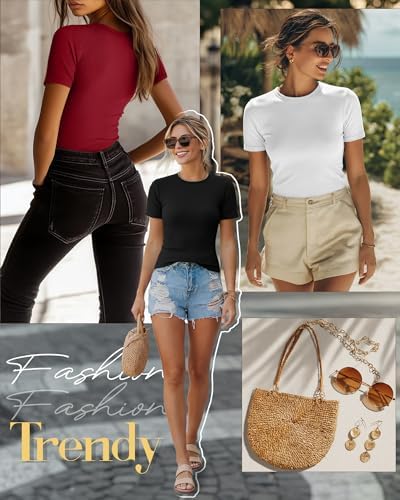 Ficerd 3 Pack Women's Ribbed Short Sleeve T-Shirts