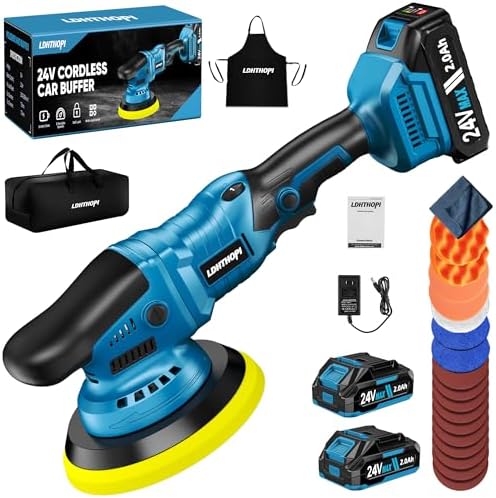 LDHTHOPI 23PCS Cordless Buffer Polisher Kit with 2×2.0Ah Battery & Charger, 10000RPM 1600W High Power Car Polisher with 6 Variable Speed, 17 Buffing Pads for Car Polishing Waxing Detailing