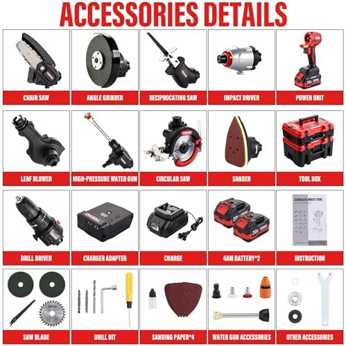TEENO Power Tool Combo Kit Brushless, 9-in-1 Cordless Interchangeable Multi-Tool Set (Drill, Impact, Grinder, Sander, Circular, Chain & Reciprocating Saws, Blower, Washer), 2x 4.0Ah Batteries 20V Max