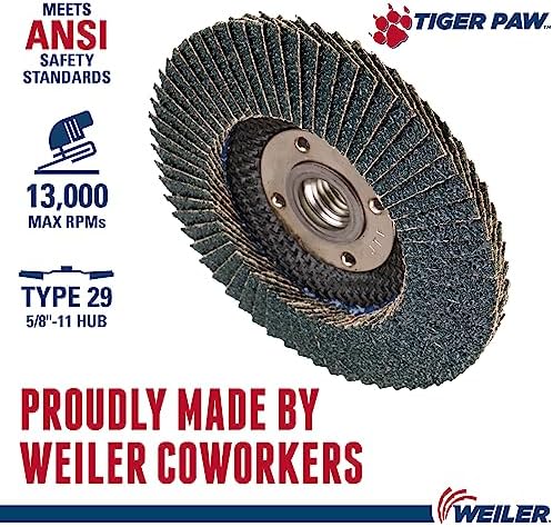 Weiler 51124 4-1/2" Tiger Paw Abrasive Flap Disc, Conical (Ty29), Phenolic Backing, 40Z, 5/8"-11 Unc Nut (Pack of 10)