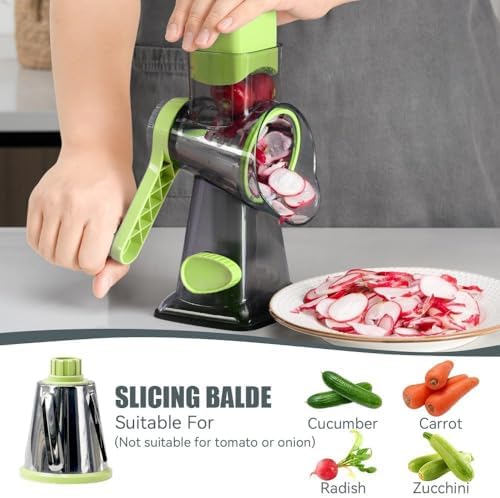 KEOUKE Rotary Cheese Grater Pro 6 in 1 - Shredder Crinkle Slicer Grinder Ice Shaver, Stable Suction, Time-saving Easy Use & Clean, Safe Morden Kitchen Tool for Cheese, Vegetable, Nuts, Chocolate