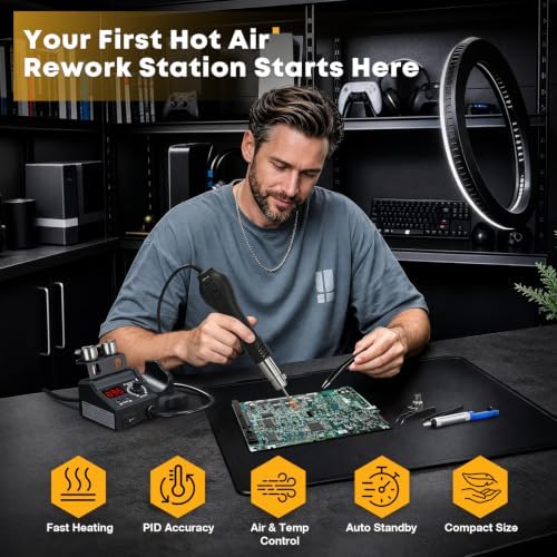 GOORY 8858-V Hot Air Rework Station Kit, Compact Digital Heat Gun with PID Control, Auto Standby, Adjustable Temp & Airflow, °F/°C Display (212°F~896°F) for SMD Desoldering, Electronics & Phone Repair