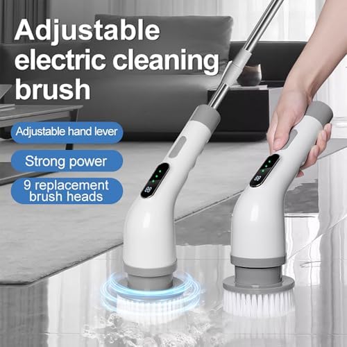 Cordless Cleaning Brush Scrubber for Home, Electric Spin Scrubber, 9 Replaceable Brush Heads, 50Mins Work Time, 3 Adjustable Size, 3 Strong Speeds for Bathroom Shower Bathtub Car Glass, Black Color